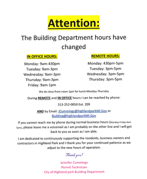 New Business Hours for Building Department