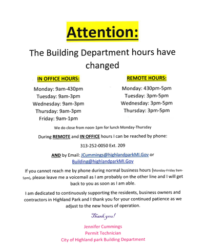 New Business Hours for Building Department