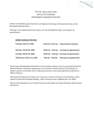 City of Highland Park Notice of Hearing: Assessment Board of Review