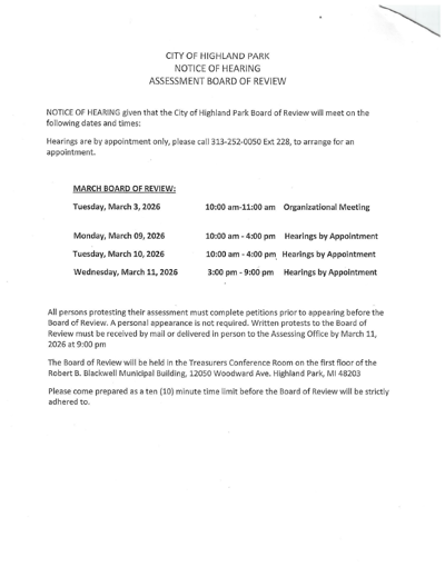 City of Highland Park Notice of Hearing: Assessment Board of Review