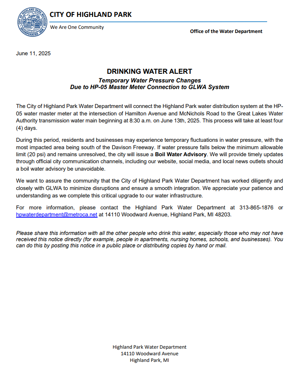 Temporary Water Pressure Changes Due to HP-05 Master Meter Connection to GLWA System