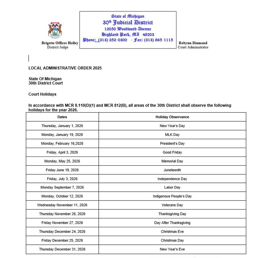 2026 Court Holiday Calendar