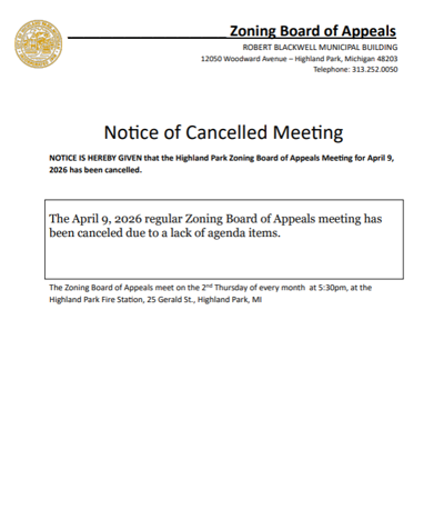 Zoning Board of Appeals: Notice of Cancelled Meeting for April 9, 2026