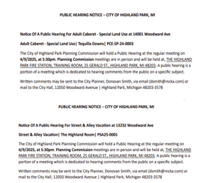 Highland Park Public Hearing Notice on April 9, 2025