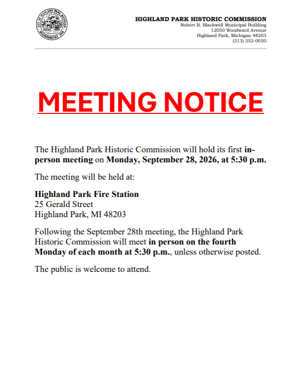Highland Park Historic Commission Meeting Notice